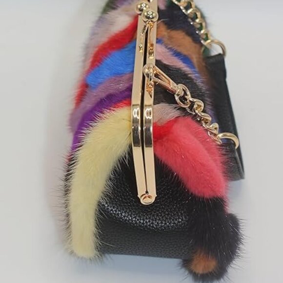 Neiman Marcus Mink Fur Multicolor Print Clutch Bag - Picture 5 of 7